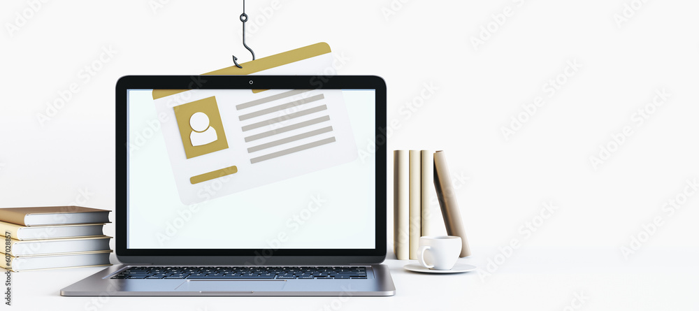 Poster Malware, fishing and crypto viral extortion concept with blank light backdrop with place for your advertising text and user account card stolen from modern laptop screen. 3D rendering, mock up