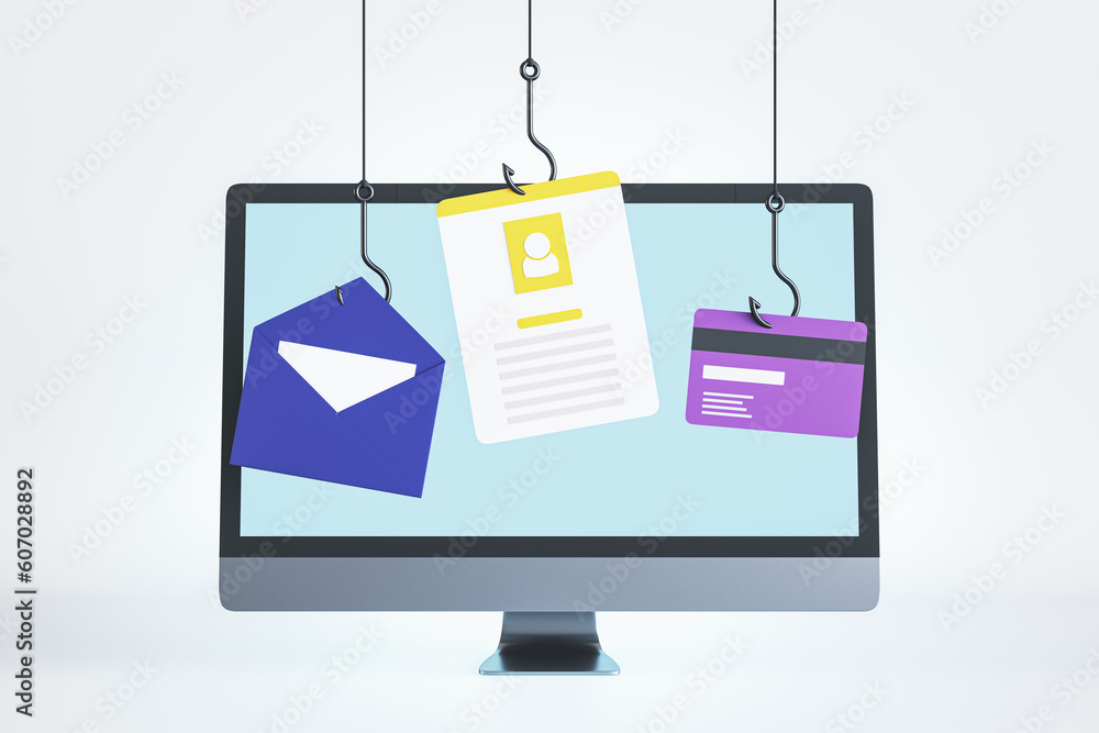 Aufkleber Cybercrime phishing mail, security awareness and hacking concept with fish hooks stealing personal data and credit card details from modern monitor on light background. 3D rendering