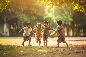 Group of diverse cheerful fun happy multiethnic children outdoors created with Generative AI technology