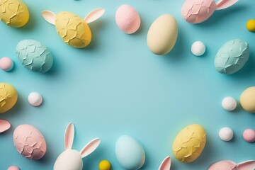 Fototapeta na wymiar Easter party concept. Top view photo of easter bunny ears white pink blue and yellow eggs on isolated pastel blue background with copyspace in the, Generative AI