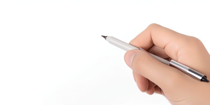 hand holding pen on white background, closeup