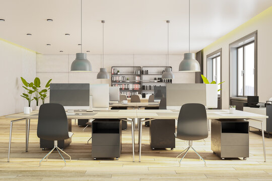 Side view of modern empty office interior with wooden floor, concrete walls and desks with computers, windows with city view and furniture. Business background and workspace concept, 3D Rendering