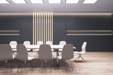 Front view on stylish big light conference table surrounded by wheel chairs in spacious modern meeting room interior design with dark decorated wall background and wooden floor. 3D rendering
