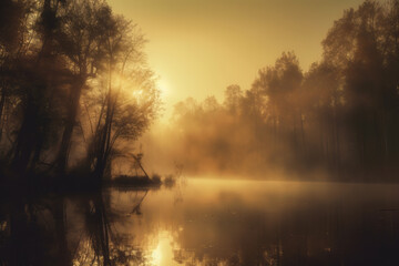 A captivating landscape featuring a dense forest on the opposite shore of a tranquil lake at sunset. Generative AI.