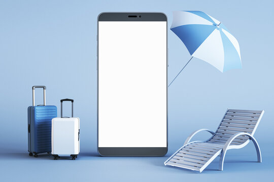 Summer holiday and tourism concept with perspective view on modern blank white smartphone screen for text or logo, and suitcases with deckchair on light blue background. 3D rendering, mockup