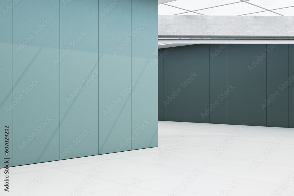 Poster Clean spacious empty tile interior with mock up place and glass ceiling. 3D Rendering.