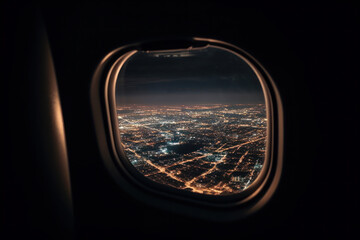 Bright lights from cityscape seen from plane window on a night flight. Travel concept of airplane transport. Generative AI. - 607029226