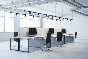 Modern concrete coworking office interior with panoramic windows and daylight, furniture and equipment. 3D Rendering.