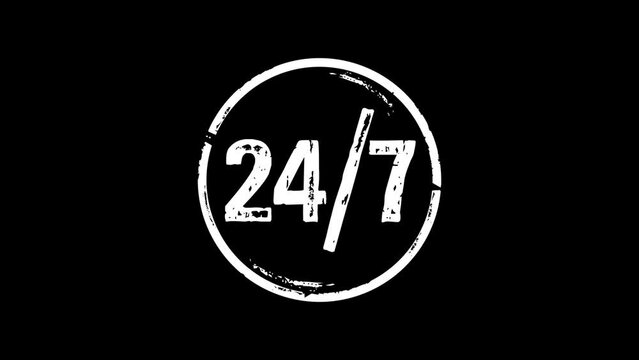 24 by 7 24 hour a day service stamp and hand stamping impact isolated animation. 24h round the clock 3D rendered concept. Alpha matte channel.