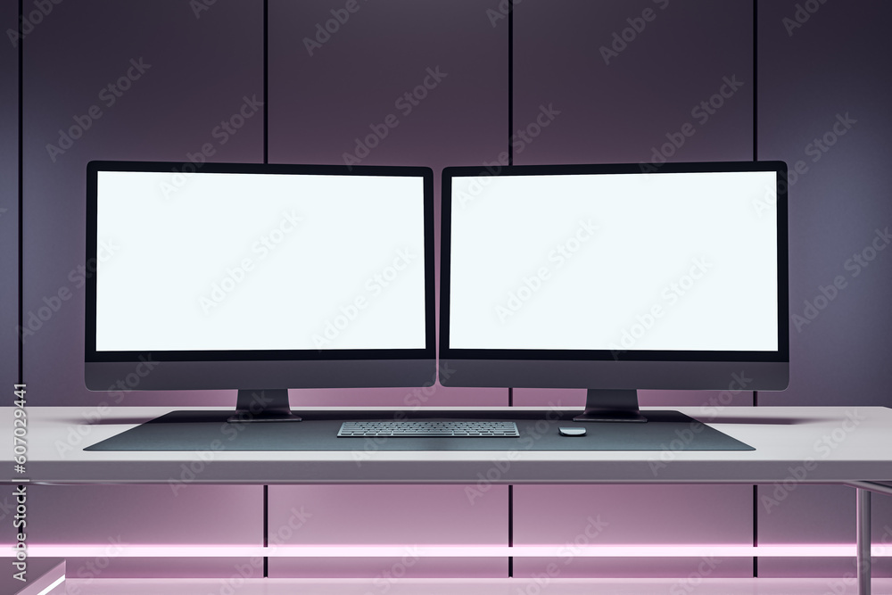 Aufkleber Abstract pink blue workplace with two empty white mock up computer monitors. Hackers workspace concept. 3D Rendering.