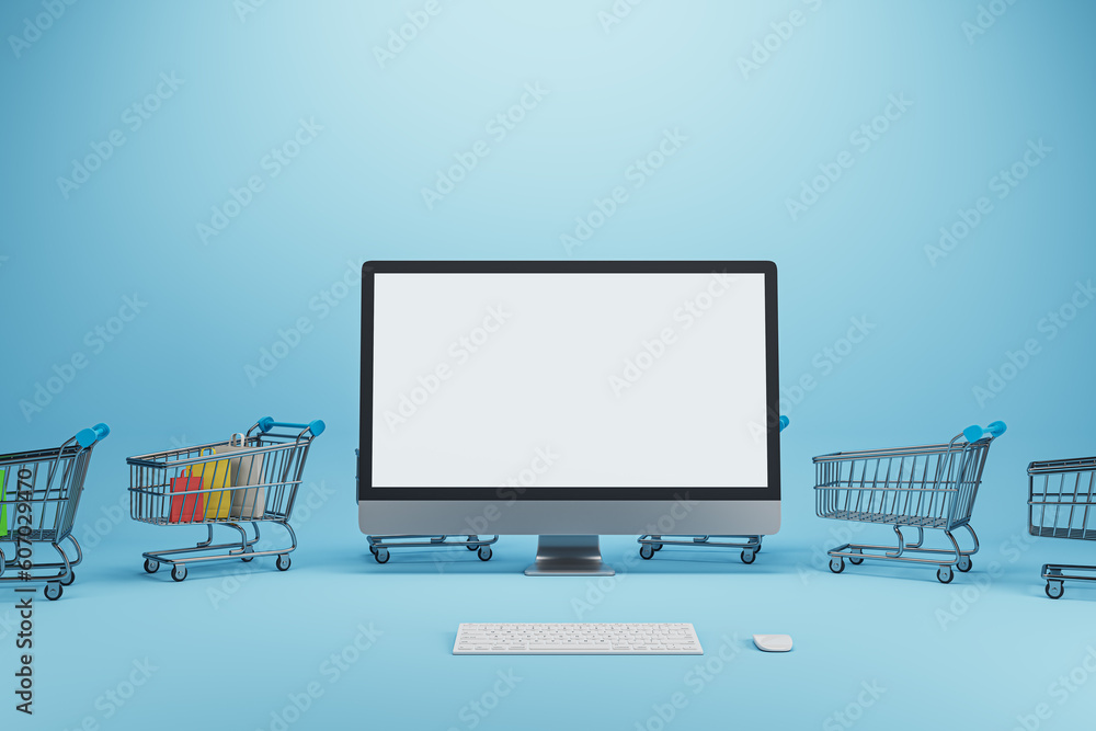 Poster creative online shopping concept with trolleys and empty white mock up computer screen on blue backg