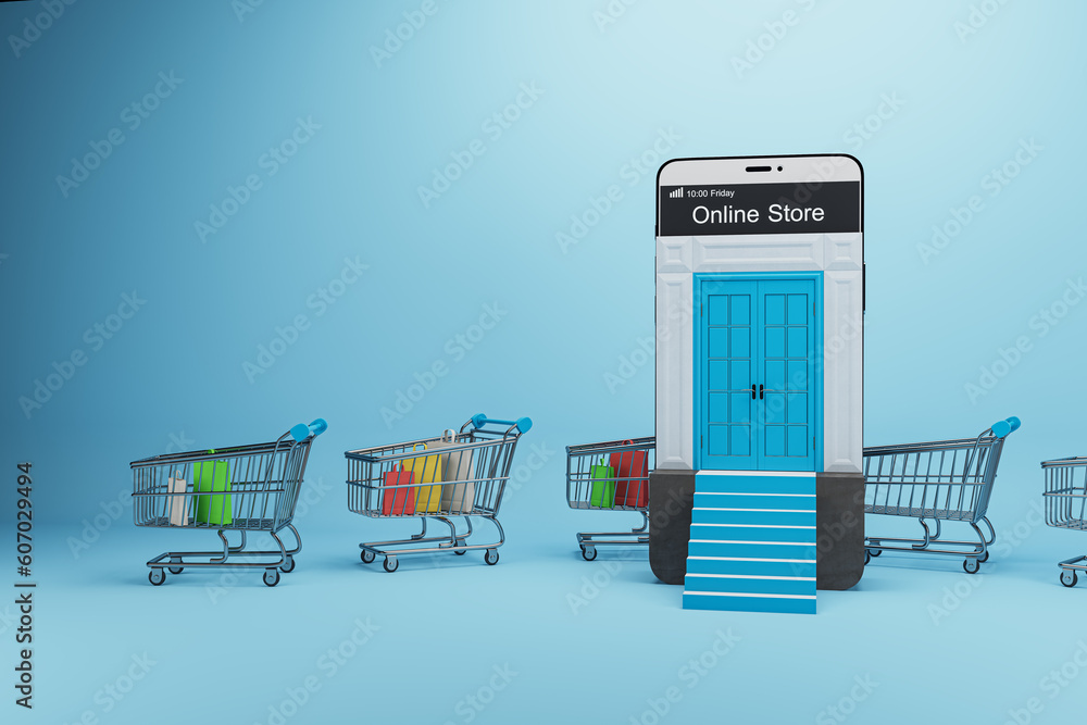 Poster creative online shopping concept with trolleys and mobile phone with abstract stairs on blue backgro