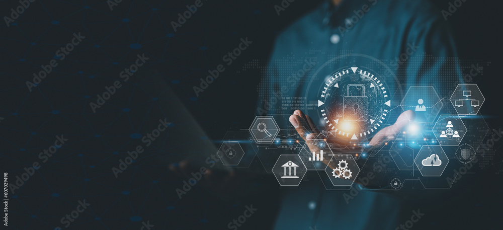 Poster businessman holding padlock protecting business and financial data with virtual network connection,c