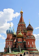 Fototapeta na wymiar Vertical shot of Saint Basil's Cathedral against a cloudy blue sky in Red Square, Moscow, Russia