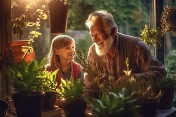 Grandfather with granddaughter in home garden created with Generative AI technology - obrazy, fototapety, plakaty