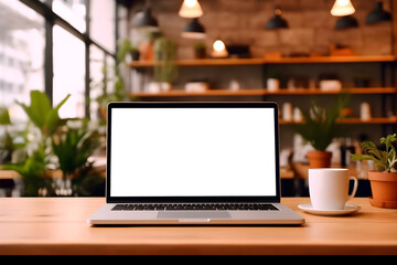 laptop with transparent screen on table with blurred background, laptop mockup png for any image on screen, generative ai