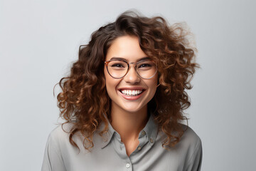 Obraz premium Happy satisfied woman wearing glasses portrait on white background created with Generative AI technology