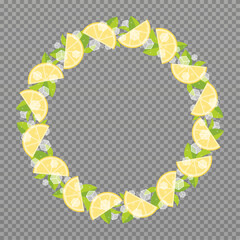 Round border frame with lemon, mint leaves and ice. Lemonade mojito. Can be used for summer cards, invitations. Isolated vector illustration.