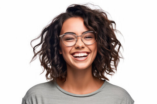 Happy Satisfied Woman Wearing Glasses Portrait On White Background Created With Generative AI Technology