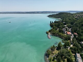 Naklejka premium Aerial view of the old village and Lake Balaton in Hungary