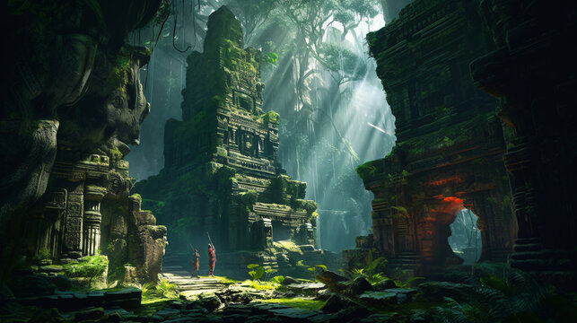 Hidden temple in the forest. Generative AI