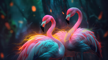 Surreal dreamy wallpaper with pink flamingos. AI