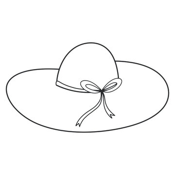 Women's sun hat icon. Headdress for hot summer. Ribbon on the hat. Hand drawn vector illustration.