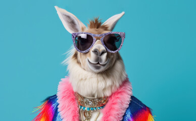 Abstract, creative, illustrated, minimal portrait of a wild animal with glasses dressed up as a man in vibrant clothes. A lama, rock star, in a trendy rainbow colored vintage jacket. Generative AI.