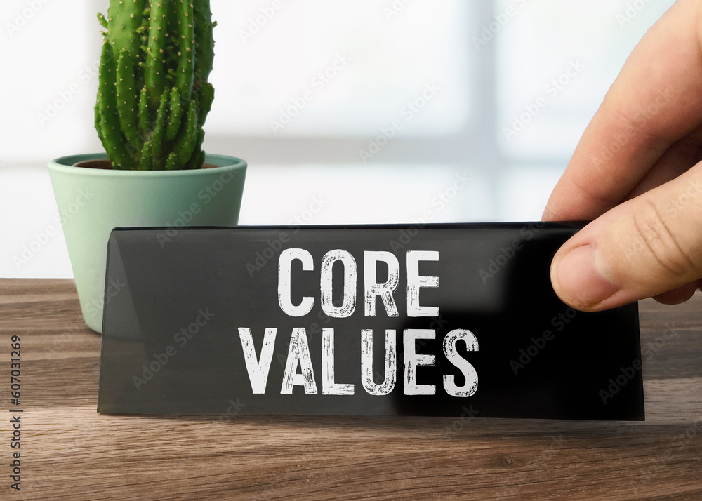 Poster text core values writen on black table card