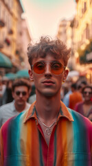 Fototapeta premium Man lgtbi in pride crowd with generative AI technology