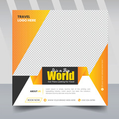 travel sale social media post template for travel holiday tourism marketing, orange and black color background square banner