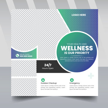 Healthcare Social Media Banner Template, Abstract blue wave shape frame with place for the  photo
