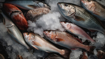 Obraz premium A lot of freshly caught seafood on ice at food market. Generative AI