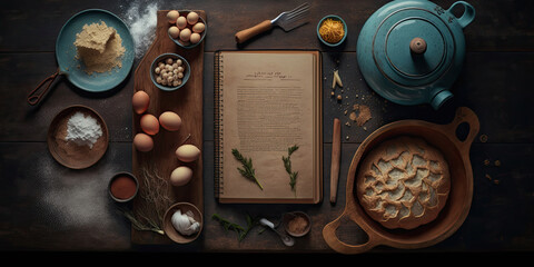 Baking ingredients on dark wooden background, top view, copy space. Recipe book. Generative AI
