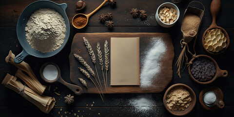 Baking ingredients on dark wooden background, top view, copy space. Recipe book. Generative AI