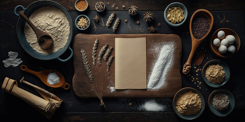 Fototapeta na wymiar Baking ingredients on dark wooden background, top view, copy space. Recipe book. Generative AI
