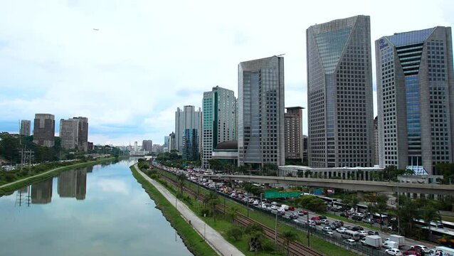 Timelapse video of the road, lake and skyscrapers,  Marginal Pinheiros, Sao Paulo, Brazil
