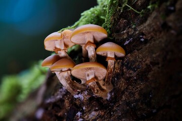 Group of deadly poisonous funeral bell mushrooms (Galerina marginata)