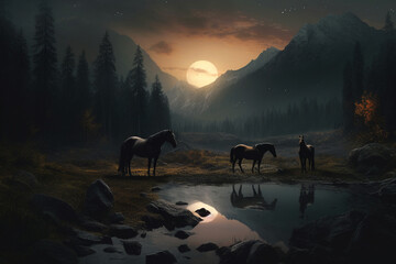 Scenic Nature and Beautiful Horses against the backdrop of Mountains created with Generative AI technology

