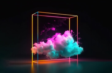 Futuristic podium and product pedestal with neon cyberpunk square frame. Cyber colorful light and vibrant cloud. 3D Illustration. Generative AI.