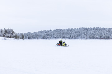 Snowmobile riding on a frozen lake with snow covered pine tree forest in the background in Lapland