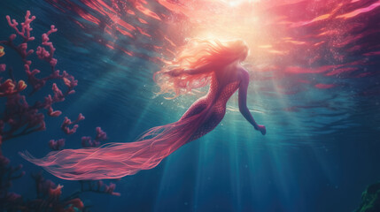 Beautiful, young mermaid enjoying on sun light underwater. Vibrant abstract illustration of futuristic, elegant, water princesses. Love and beauty. Generative AI. © Jasmina Stokic