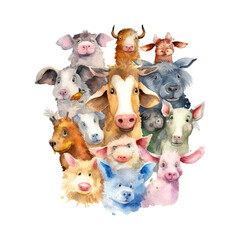 Watercolor farm animals. Cartoon farm animals isolated on transparent background. Generative AI