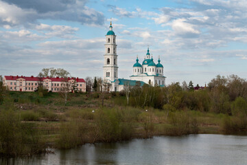 View of the Spassky Cathedral and the city of Yelabuga from the Toima River on a sunny spring day, Yelabuga, Tatarstan, Russia