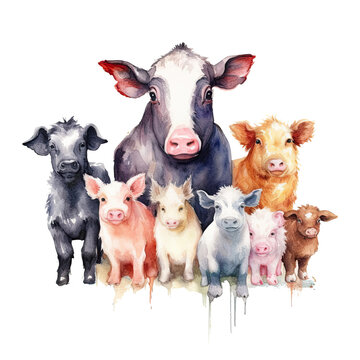 Watercolor farm animals. Cartoon farm animals isolated on transparent background. Generative AI
