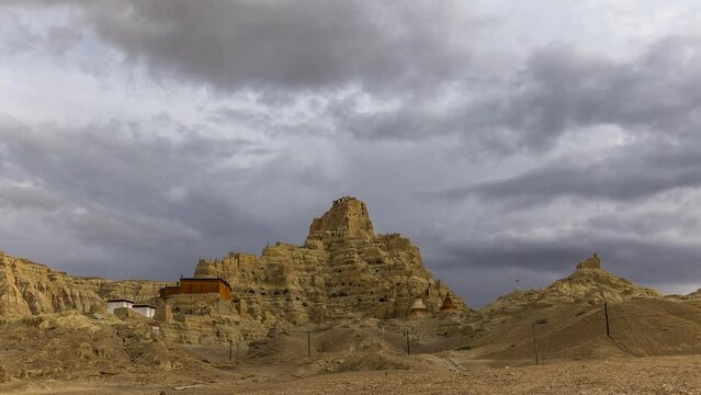 Time-lapse view of moving clouds over Guge Dynasty ruins in Zanda County, Tibet, China