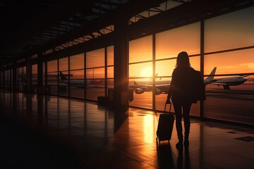 Woman silhouette holding hand luggage with view out of airport window at sunrise. Traveling vacation backgrounds. Generative AI.