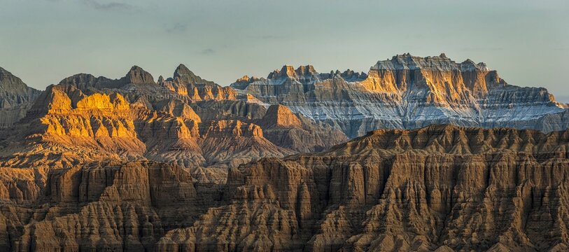 Panoramic shot of Zanda earth forest during the sunrise in Ali Prefecture, Tibet, China