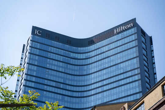 Hilton hotel building in Sisli district. Istanbul, Turkey - May 26, 2023.