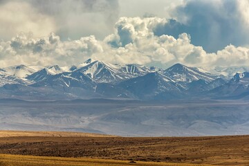 Beautiful scenery of landscape and snowy Himalayas of Zhada County behind in Tibet, China